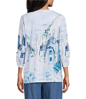 Allison Daley Coastal Retreat Print 3/4 Ruched Sleeve Crew Neck Knit Top