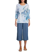 Allison Daley Coastal Retreat Print 3/4 Ruched Sleeve Crew Neck Knit Top
