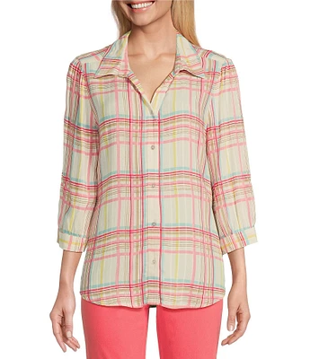 Allison Daley Coral Plaid Print 3/4 Sleeve Point Collar Button Front Shirt