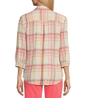 Allison Daley Coral Plaid Print 3/4 Sleeve Point Collar Button Front Shirt
