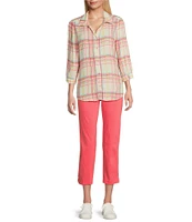 Allison Daley Coral Plaid Print 3/4 Sleeve Point Collar Button Front Shirt