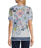 Allison Daley Daisy Cascade Border Print Short Ruched Tie Sleeve Crew Neck Knit Top