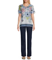 Allison Daley Daisy Cascade Border Print Short Ruched Tie Sleeve Crew Neck Knit Top