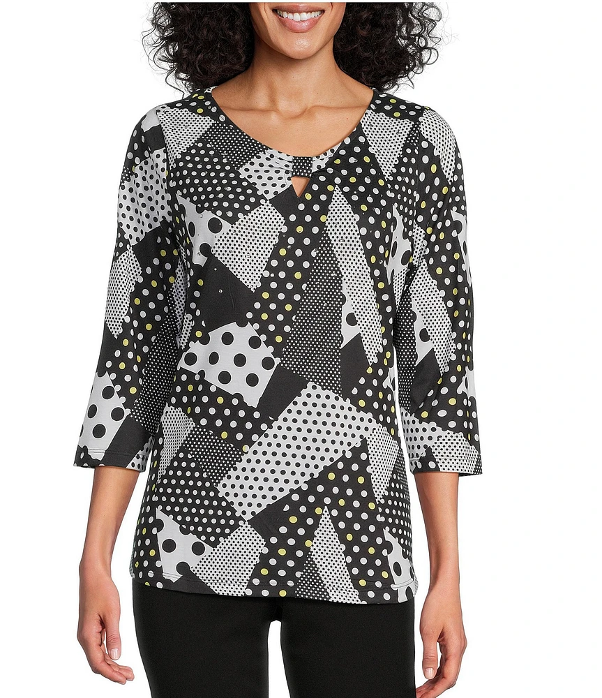 Allison Daley Dot Patches Print 3/4 Sleeve Keyhole Neck Knit Top