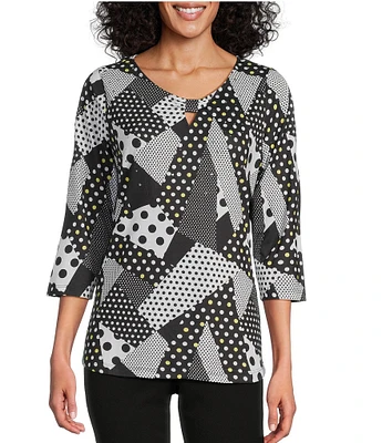 Allison Daley Dot Patches Print 3/4 Sleeve Keyhole Neck Knit Top