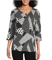 Allison Daley Dot Patches Print 3/4 Sleeve Keyhole Neck Knit Top