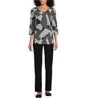 Allison Daley Dot Patches Print 3/4 Sleeve Keyhole Neck Knit Top