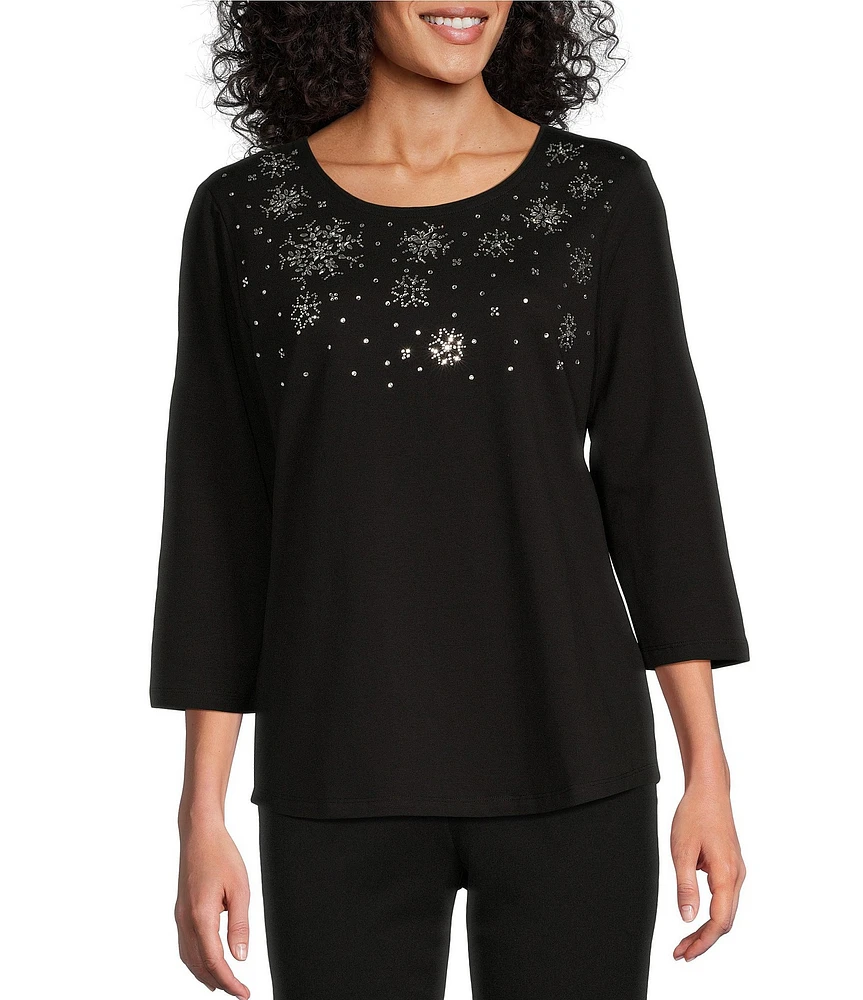 Allison Daley Embellished 3/4 Sleeve Crew Neck Knit Top