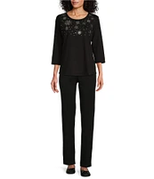 Allison Daley Embellished 3/4 Sleeve Crew Neck Knit Top