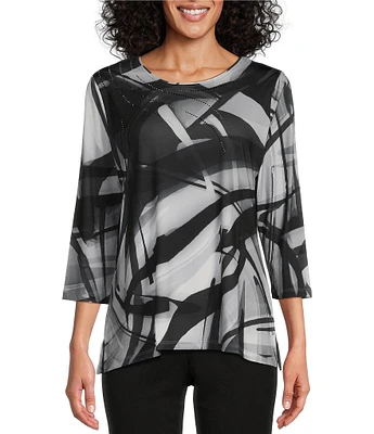 Allison Daley Embellished Abstract Marble 3/4 Sleeve Crew Neck Knit Top