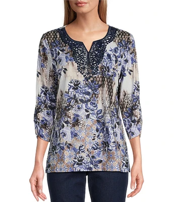 Allison Daley Embellished Applique Split Round Neck 3/4 Ruched Sleeve Foulard Floral Print Knit Top