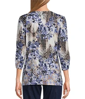 Allison Daley Embellished Applique Split Round Neck 3/4 Ruched Sleeve Foulard Floral Print Knit Top