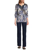 Allison Daley Embellished Applique Split Round Neck 3/4 Ruched Sleeve Foulard Floral Print Knit Top