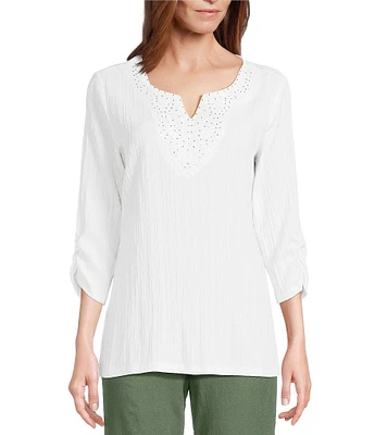 Allison Daley Embellished Applique Split Round Neck 3/4 Ruched Sleeve Woven Top