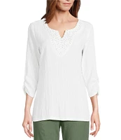 Allison Daley Embellished Applique Split Round Neck 3/4 Ruched Sleeve Woven Top