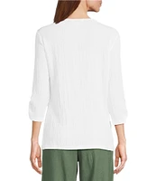 Allison Daley Embellished Applique Split Round Neck 3/4 Ruched Sleeve Woven Top