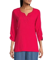 Allison Daley Embellished Applique Split Round Neck 3/4 Ruched Sleeve Woven Top