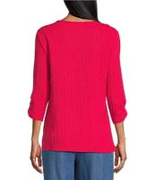 Allison Daley Embellished Applique Split Round Neck 3/4 Ruched Sleeve Woven Top
