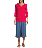 Allison Daley Embellished Applique Split Round Neck 3/4 Ruched Sleeve Woven Top
