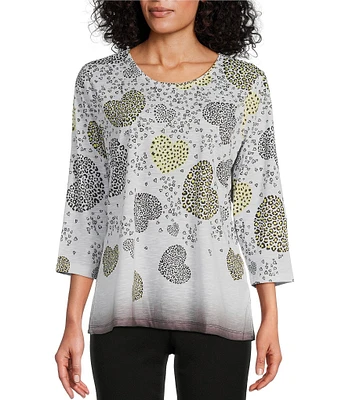 Allison Daley Embellished Cascading Hearts Print 3/4 Sleeve Crew Neckline Knit Top