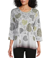 Allison Daley Embellished Cascading Hearts Print 3/4 Sleeve Crew Neckline Knit Top