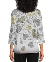 Allison Daley Embellished Cascading Hearts Print 3/4 Sleeve Crew Neckline Knit Top