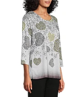 Allison Daley Embellished Cascading Hearts Print 3/4 Sleeve Crew Neckline Knit Top