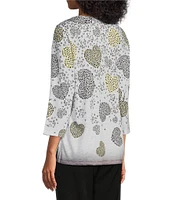 Allison Daley Embellished Cascading Hearts Print 3/4 Sleeve Crew Neckline Knit Top