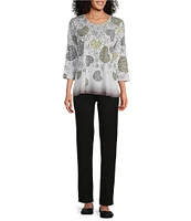 Allison Daley Embellished Cascading Hearts Print 3/4 Sleeve Crew Neckline Knit Top