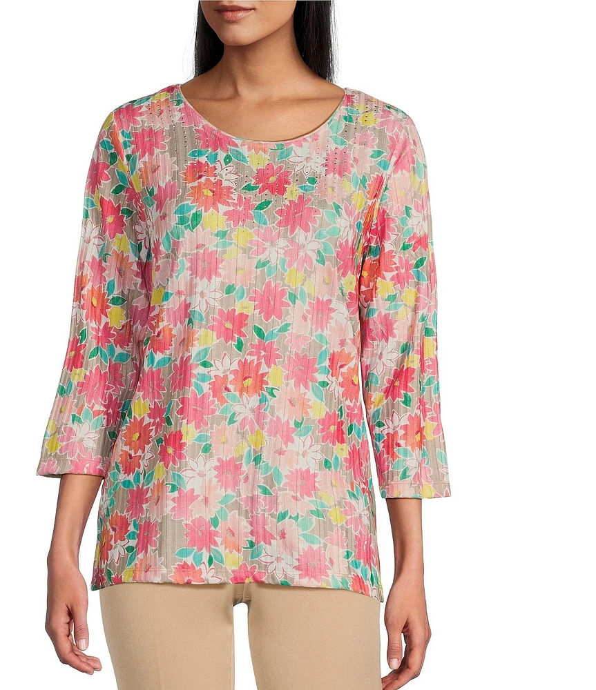 Allison Daley Embellished Cheerful Daisy Print 3/4 Sleeve Crew Neck Knit Top