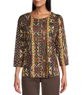 Allison Daley Embellished Diamond Ikat Print 3/4 Sleeve Crew Neck Knit Top