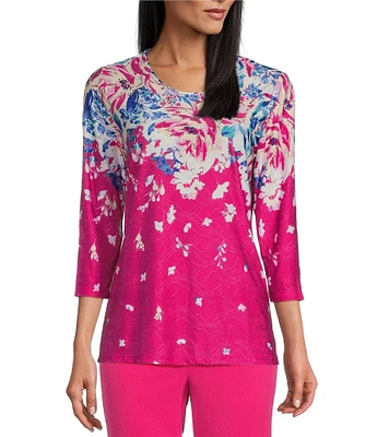 Allison Daley Embellished Floral Print 3/4 Sleeve Crew Neck Linear Jacquard Knit Top