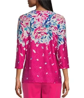 Allison Daley Embellished Floral Print 3/4 Sleeve Crew Neck Linear Jacquard Knit Top