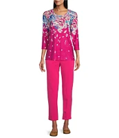 Allison Daley Embellished Floral Print 3/4 Sleeve Crew Neck Linear Jacquard Knit Top