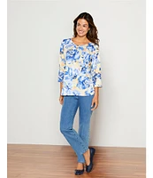 Allison Daley Embellished Floral Print 3/4 Sleeve Keyhole Neck Knit Top