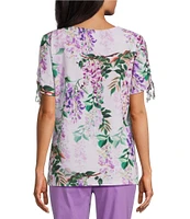 Allison Daley Embellished Floral Print Short Ruched Tie Sleeve Square Neck Knit Top