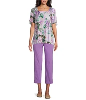 Allison Daley Embellished Floral Print Short Ruched Tie Sleeve Square Neck Knit Top