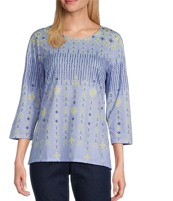 Allison Daley Embellished Folk Stitch Print 3/4 Sleeve Crew Neck Knit Top