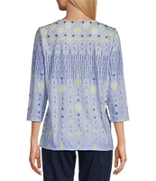 Allison Daley Embellished Folk Stitch Print 3/4 Sleeve Crew Neck Knit Top