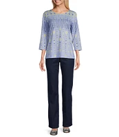 Allison Daley Embellished Folk Stitch Print 3/4 Sleeve Crew Neck Knit Top