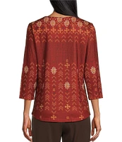 Allison Daley Embellished Folk Stitch Spice Print 3/4 Sleeve Crew Neck Knit Top