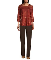 Allison Daley Embellished Folk Stitch Spice Print 3/4 Sleeve Crew Neck Knit Top