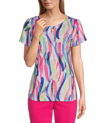 Allison Daley Embellished Fun Stripe Print Short Sleeve Keyhole Neck Knit Top
