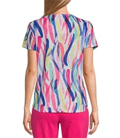 Allison Daley Embellished Fun Stripe Print Short Sleeve Keyhole Neck Knit Top