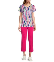 Allison Daley Embellished Fun Stripe Print Short Sleeve Keyhole Neck Knit Top