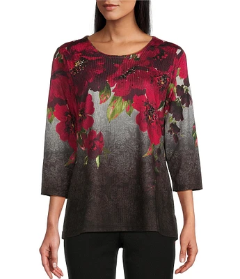 Allison Daley Embellished Magnified Floral Print 3/4 Sleeve Scoop Neck Knit Top