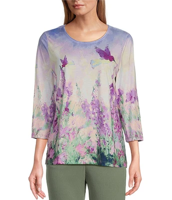 Allison Daley Embellished Meadow Floral Print 3/4 Sleeve Crew Neckline Knit Top