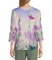 Allison Daley Embellished Meadow Floral Print 3/4 Sleeve Crew Neckline Knit Top