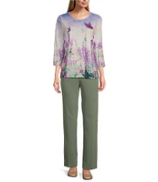 Allison Daley Embellished Meadow Floral Print 3/4 Sleeve Crew Neckline Knit Top