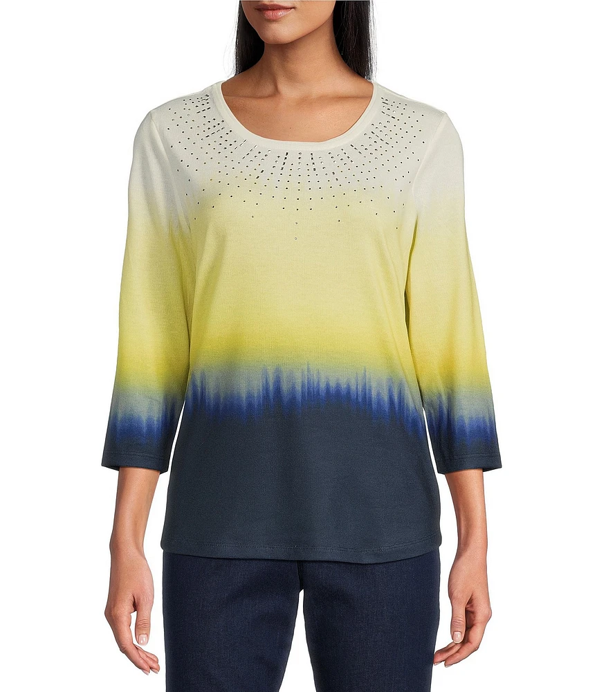Allison Daley Embellished Ombre Print 3/4 Sleeve Crew Neck Knit Top